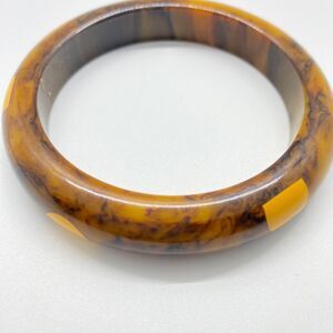 Vintage BAKELITE Half Dot Bangle Bracelet Marbled Caramel Brown w/Buttery Yellow